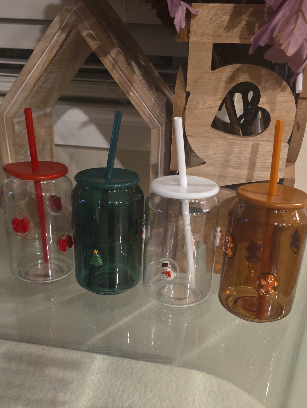 Holiday Glass Tumbler with Straw - Multi-Color Options